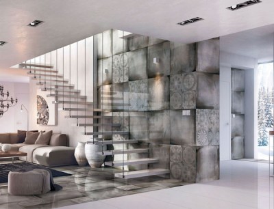 Ciekawa aranżacja salonu, połączenie dwóch odcieni kolekcji płytek.