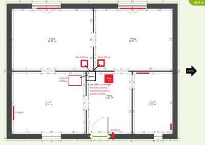 W zimie działa piec c.o. na pellet z zamkniętą komorą spalania i OKAZYJNIE piece kaflowe.